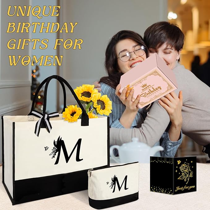 Personalized Gifts for Women - Initial Canvas Tote Bag & Makeup Bag, Custom Bags for Beach, Christmas, Wedding, Birthday, Holiday, Monogram Birthday Gifts for Women, Mom, Wife, Teacher, Friend - M