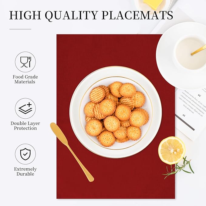 Placemats Set of 6 Linen Type Fabric Cloth Placemats, 19 x 13 Inch Double Layered Thick Wrinkle Free Heat Resistant Table Place, for Dining, Kitchen, Party (Burgundy, 48 * 33cm)