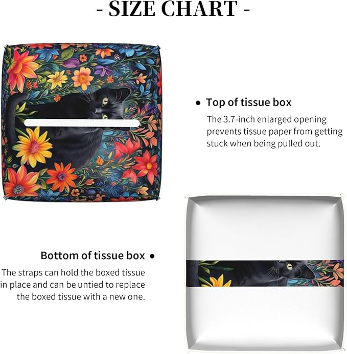Colorful Florals Black Cat Tissue Box Cover Flower Daisy Square Leather Tissue Holder Decorative Facial Tissue Cube Paper Cover Case Organizer for Bathroom Night Stands Desk Tabletop Living Room Home