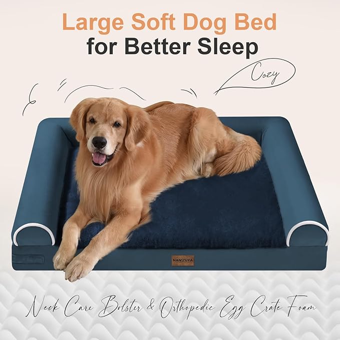 Large Dog Bed Orthopedic Washable: Jumbo Dog Bed Bolster Extra Large Dogs Egg Crate Foam Sofa Couch Waterproof Removable Cover - Navy