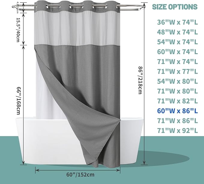 eachope Grey No Hook Waffle Weave Shower Curtain with snap-in Liner Replacement, 230GSM Waterproof Fabric Hotel Shower Curtain Set for Bathroom, Through Mesh Top Window,60Wx86H
