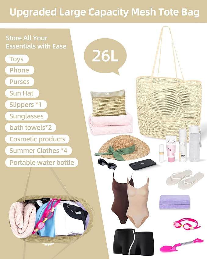ToKismet Mesh Beach Tote Bag Packable,2026 New 2-in-1 Large Lightweight Foldable Beach Bags with Multiple Pockets for Women