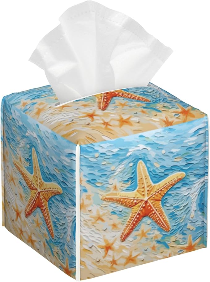 POIUBLE Tissue Box Holder Beach Starfish Tissue Box Cover Square Leather Tissue Holder Organizer Portable Decorative Facial Paper Case for Home Office Bathroom Vanity Countertop