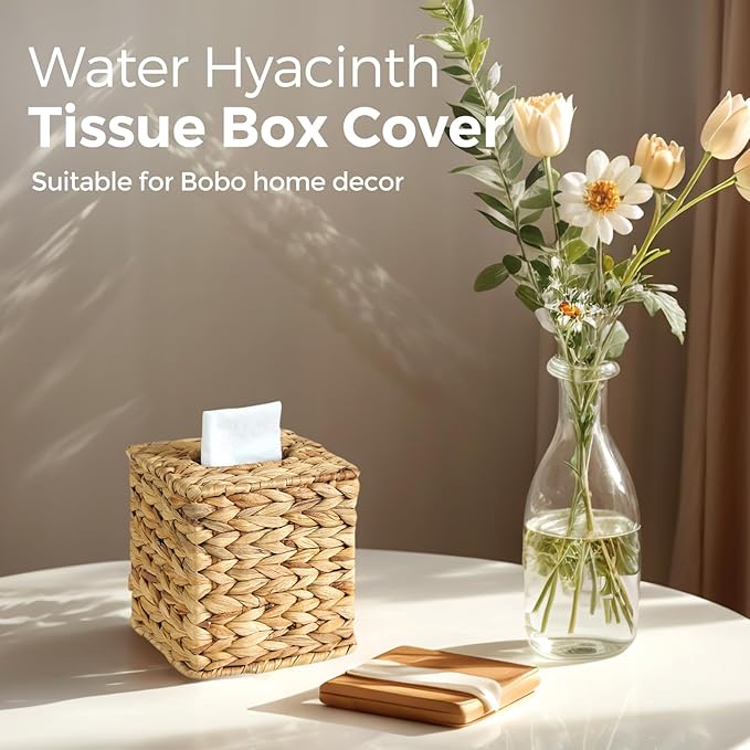 KALEKAIL 2 Pack Rattan Tissue Box Cover, Wicker Tissue Box Holder Square, Boho Decorative Woven Water Hyacinth Cube Tissue Holders for Bathroom Living Room Kitchen