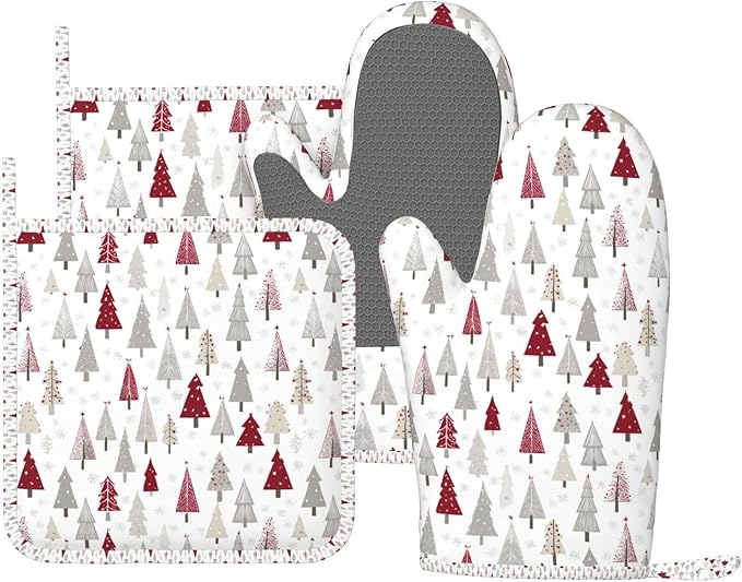 Oven Mitts Pot Holders Set Pine Tree Christmas Pattern Xmas Silicone Kitchen Gloves Potholders Heat Resistant for Chef Baking Cooking Grilling BBQ 4 Pack Mitt
