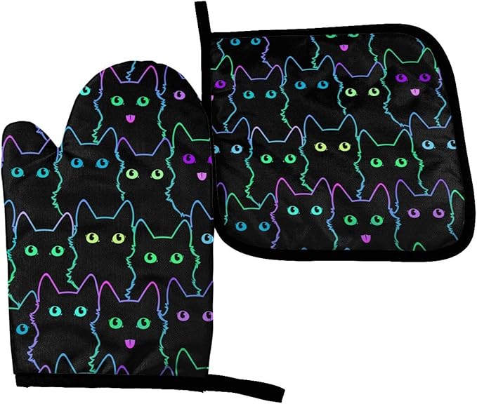Cute Cat Silhouettes Oven Mitts and Pot Holders Insulated Gloves & Kitchen Counter Safe Mats for Cooking BBQ Baking Grilling (2-Piece Set)