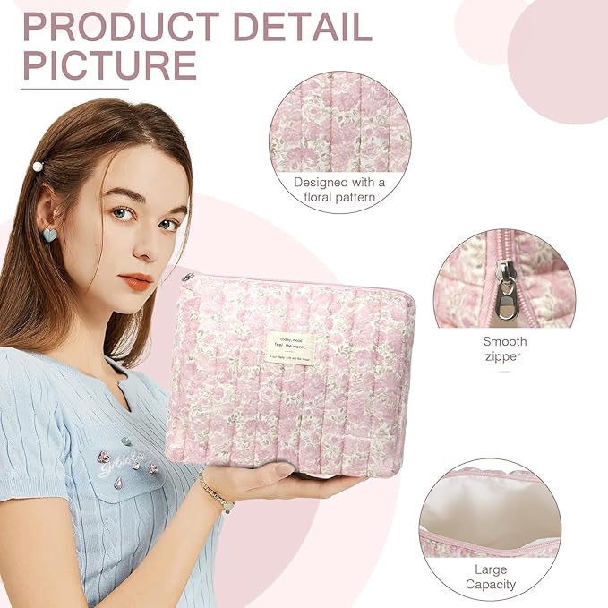 Gosect 2PC Makeup Bag Set, Cute Cosmetic Bag for Women Girls, Floral Coquette Aesthetic Toiletry Bag, Travel Make Up Organizer Bag (Pink Flower)