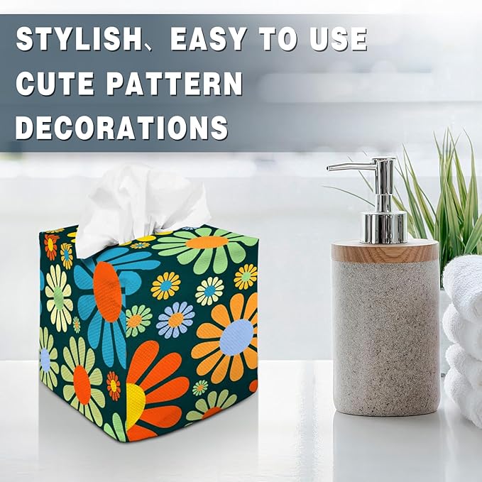 Tissue Box Cover Square Decorative Tissue Box Holder Cute Funny Cube Tissue Case Cover-Hippie Flower Tissue Box Cover