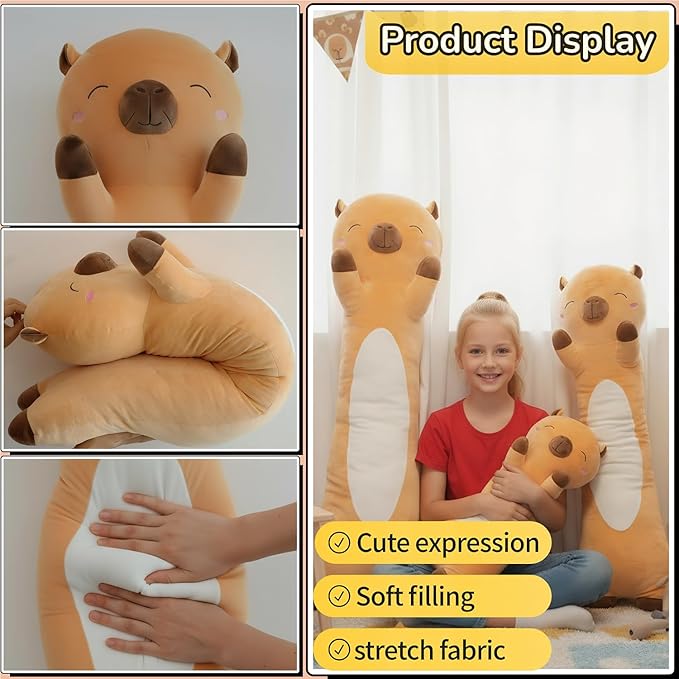 Shuoopen Long Capybara Plush Body Pillow Giant Stuffed Animal Soft Kids Sleeping Pillow, Kawaii Cute Capybara Plushies for Girls Boys Birthday (Brown,90cm/35.4inch)