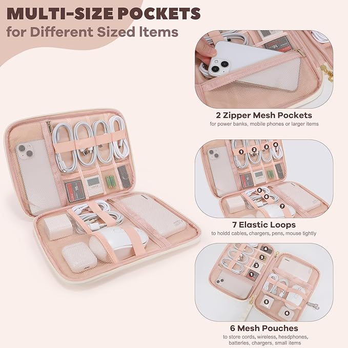 Electronics Organizer Travel Case, Charger Bag Cord Organizer Travel, Compact Tech Pouch Cable Organizer Bag for Charger, Cords, Phone, Headphones, Flash Drive, SD Card (Beige, Large-Single Layer)