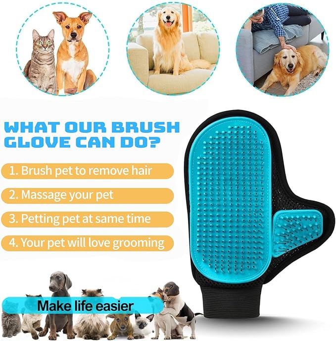 Beenefits 2025 Pet Grooming Glove with Tipped Pin Brush,Special Design Deshedding Glove, Perfect Petting Tool for Sensitive Dogs & Cats with Long & Medium Fur, Massage Mitt - Right-Hand - Blue