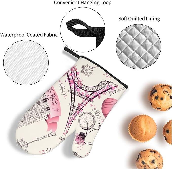 Paris Eiffel Tower Oven Mitts and Pot Holders 4 Pcs Set Oven Gloves and Potholders for Cooking Microwave BBQ Baking Grilling