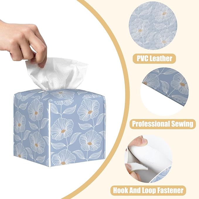 Leather Tissue Box Holder Blue Floral Tissue Box Cover Facial Paper Case Organizer Cube Napkin Dispenser for Bathroom Vanity Countertop Night Stand Office Car