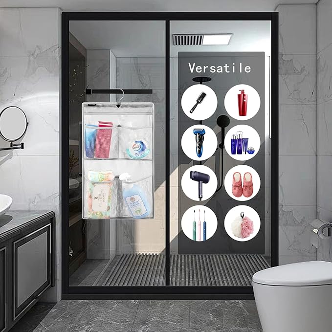 ANZORG Mesh Shower Organizer Hanging Caddy Quick Dry Bathroom Storage for Toiletry Accessories with Rotating Hanger (4 Pockets)