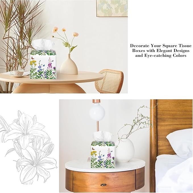Colorful Flowers and Butterfly Tissue Box Cover,Wildflower Floral Waterproof Leather Square Tissue Box Cover Case Facial Paper Organizer Dispenser Box Holder for Home Office Bathroom Vanity Countertop