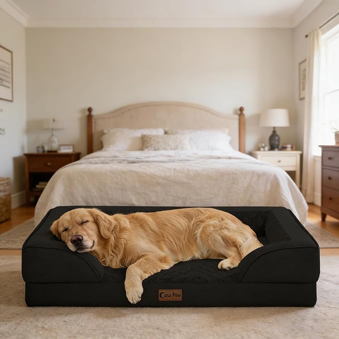 Casa Paw Orthopedic XL Dog Beds, Waterproof Memory Foam Big Pet Bed for Extra Large Sized Dogs 45x35Inch, Non-Slip Bottom and Egg-Crate Foam Dog Couch Bed with Washable Removable Cover, Black