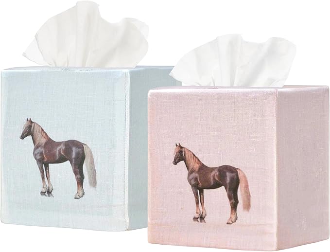 EmbroideryLinen.VN Tissue Box Cover Set of 2, Square Linen Tissue Holder, Printed Animal Pattern, 4.5x4.5x5.5 Inches, Decorative Holder for Bathroom, Living Room, Office (Horse - Ivory & Pink)