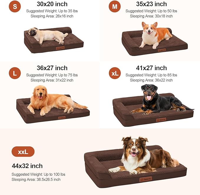 Rainmr Orthopedic Dog Beds for Large Dogs, Memory Foam Dog Beds Large Sized Dogs, Washable Removable Cover, Nonskid Bottom, Waterproof, for Indoor, Outdoor, Crate ＆ Car Use, 44x32x6 Inches, Brown Grey