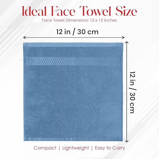 RIVERSIDE 12 Pack Premium 100% Cotton Face Wash Cloths, 12 x 12 Inches, Soft & Absorbent Face Towels for Bathroom Wash Clothes, 550 GSM Luxury WashCloths for Showering, Body, Spa & Gym, Electric Blue