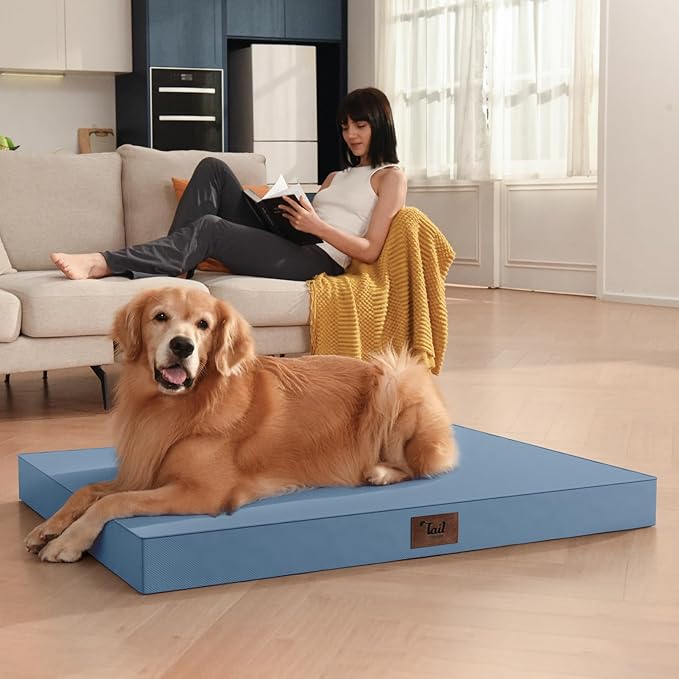 Tail Stories Outdoor Extra Large Dog Bed, Jumbo Waterproof Dog Bed for Large Dogs, Orthopedic Egg Crate Foam Pet Mat with Removable Oxford Cooling Cover, Blue