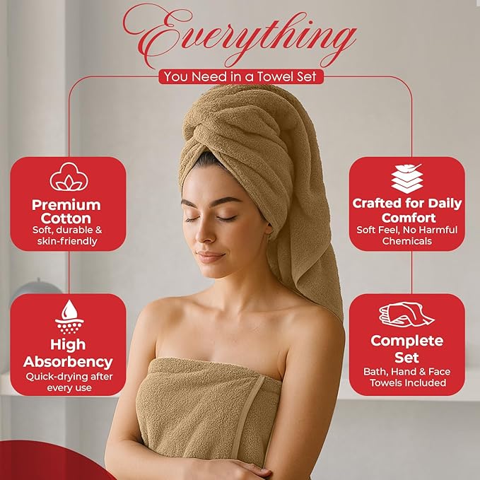 RIVERSIDE Pack of 8 Towels Set, 2 Large Bath, 2 Hand, 4 Face Washcloths, 100% Cotton Hotel Quality, Super Soft, Quick Dry, Highly Absorbent Perfect for Bathroom, Tan