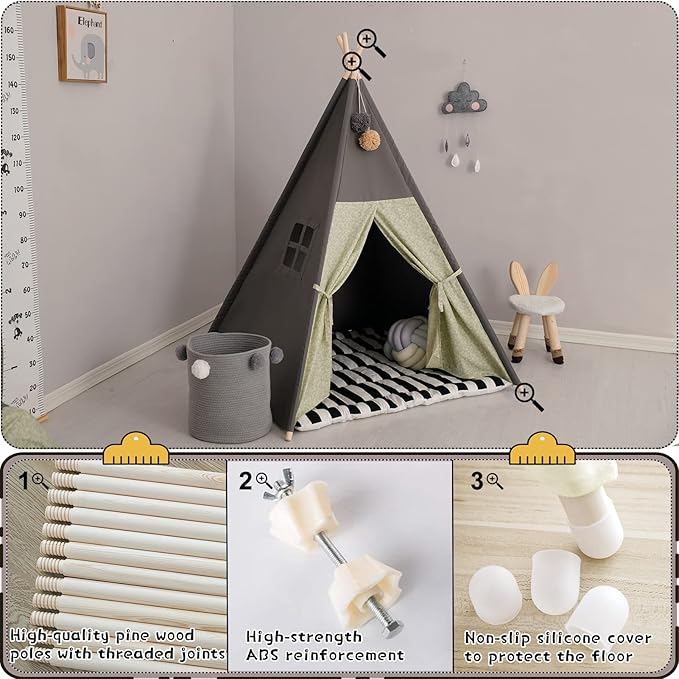 TreeBud Teepee Tent for Kids Stripe Padded Mat Foldable Dark Tone Grey Play Tents for Girl and Boy with Carry Case Wooden Pole Printing Canvas Tepee Playhouse for Child Indoor Outdoor