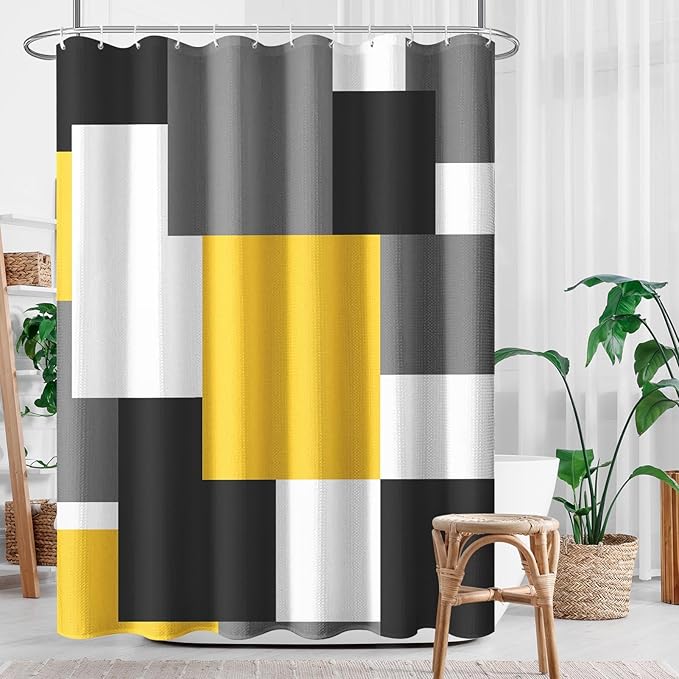 Culudea Geometric Yellow White Shower Curtain Set, Black and Gray Modern Bathroom Window Waterproof Shower Curtain Set for Bathroom Decor