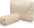 Gosect 2PC Makeup Bag Set, Cute Cosmetic Bag for Women Girls, Floral Coquette Aesthetic Toiletry Bag, Travel Make Up Organizer Bag (Brown Checked)