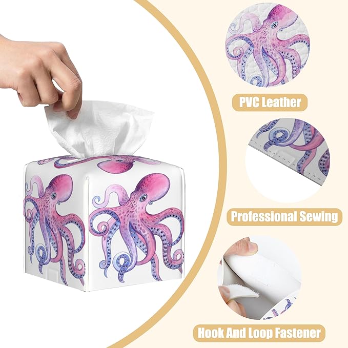 Sea Creature Leather Tissue Box Holder Pink and Purple Octopus Tissue Box Cover Facial Paper Case Organizer Cube Napkin Dispenser for Bathroom Vanity Countertop Night Stand Office Car