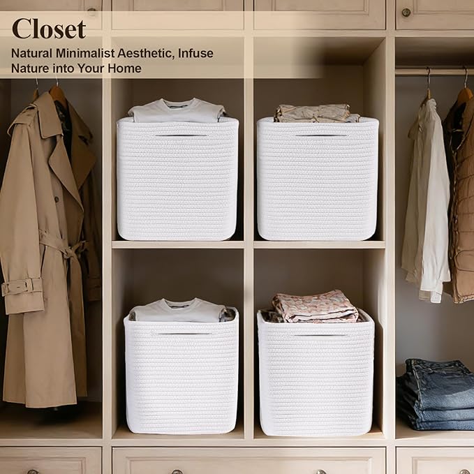 Storage Cubes 11 Inch Storage Baskets for Shelves, Cotton Rope Woven Baskets for Organizing, Cube Storage Square Bins for Toy, Playroom Decor, Classroom, Closet, White, 1pack