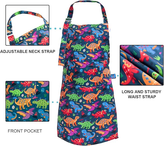 Sylfairy Aprons for Kids Girls Rainbow Unicorn Apron Children Kitchen Chef Aprons Smock (Green+Dinosaur, Small,3-5Years)