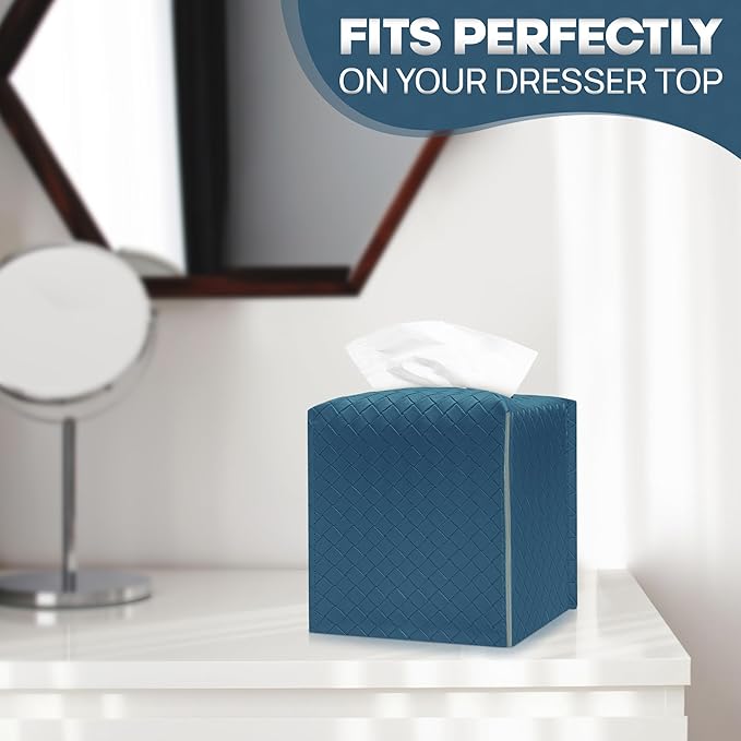 Tissue Box Cover Holder, PU Leather Tissue Box Cover with Braided Pattern, Square Tissue Holder with Bottom Belt, Modern Organizer for Bathroom, Car, Office, Tabletop (Ink Blue, 12 Braided Patterns)