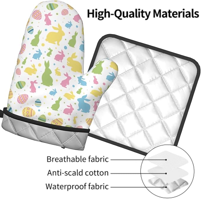 Easter Bunny Oven Mitts and Pot Holders Set of 2,Cute Rabbit Kitchen Baking Accessories Sets,Colorful Eggs Heat Resistant Oven Glove Potholders for Kitchen Cooking BBQ