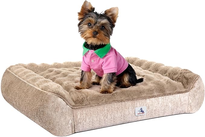 Welfibr Dog Bed 100% Washable Faux Fur Dog Beds Small Size Dog Orthopedic Dog Bed with Sides Elevated Dog Bed Comfort Pet Beds with Removable Cover Noiseless Supportive Dog Couch Anti-Slip Brown 35"