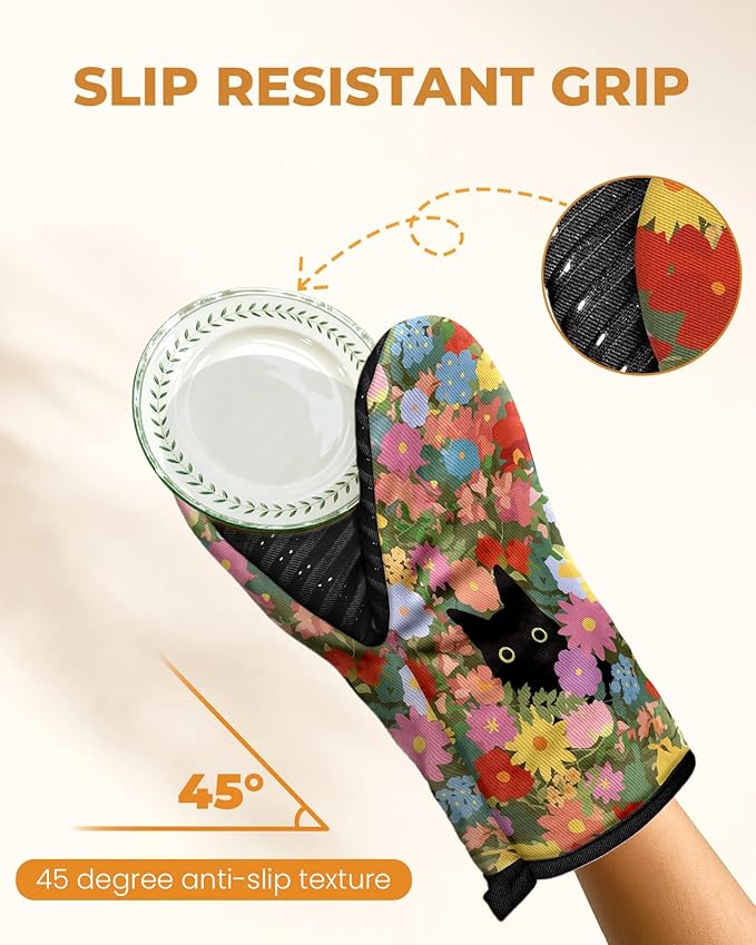 Slohif Cat Mini Oven Mitts Set – Black Extended Short Animal Heat Resistant Kitchen Gloves for Women, 100% Cotton Oven Mitts with Silicone Grips, Non-Slip and Thick Durable for Cooking & Baking