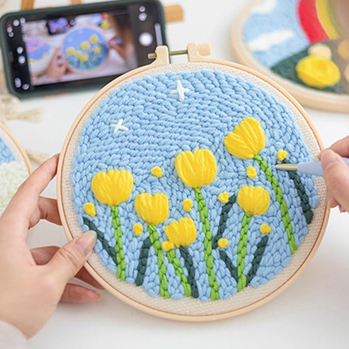 Woohome Punch Needle Kit Included Plastic Hoops, Punch Needle Cloth, Color Yarn and Punch Needle Tools for Adults, Beginners (Tulips and Sunflowers)
