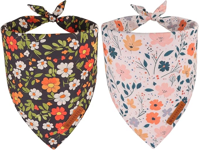 ADOGGYGO Floral Dog Bandana, Black Pink Flower Pet Scarf, Premium Durable Fabric, Cute Floral Bandanas for Small Dogs (Small)