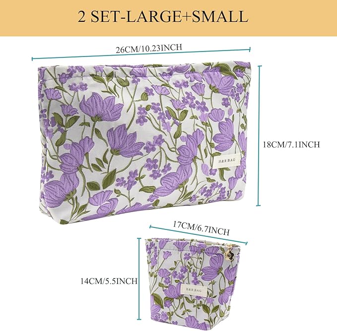 getgto 2 Pcs Makeup Bags, Large Cosmetic Bag Travel Toiletry Bag Organizer for Women, Embroidery Craft, Floral Makeup Bag Small Cosmetic Pouch Purse with Zipper Gifts for Girls Teen
