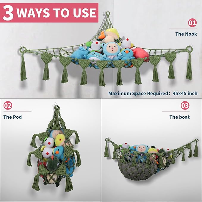 Stuffed Animal Storage Hammock, 56'' Jumbo Boho Macrame Tassels Corner Toy Holder Wall Hanging Net Organizer for Nursery Teddy Plushie, Avocado Green Plush Toy Net with Star Light for Boys Girls Gift