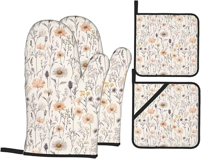 Oven Mitts and Pot Holders Sets of 4 Vintage Botanical Flower Leaf Kitchen Potholder Gloves Heat Resistant Non-Slip for Chef Baking Cooking Grilling BBQ Mittens