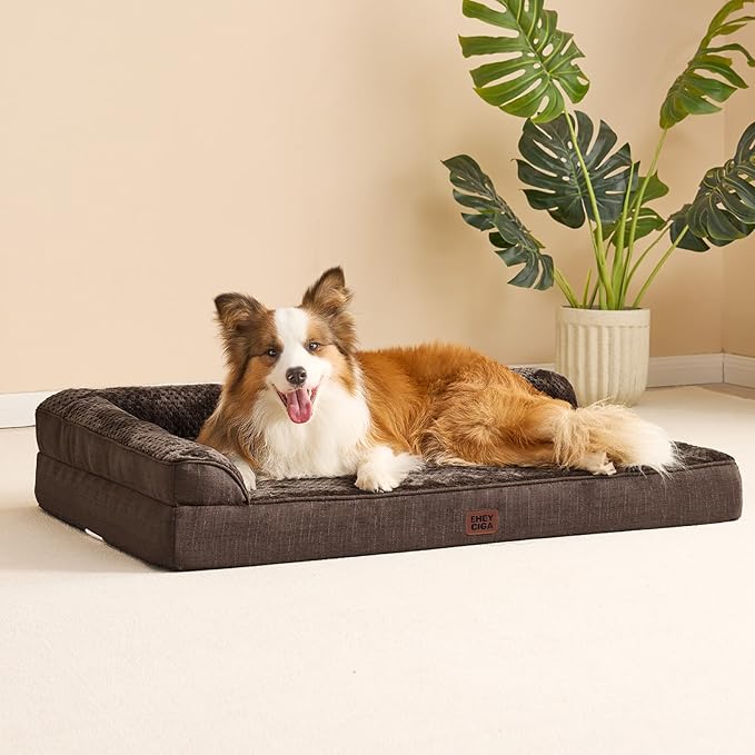 EHEYCIGA Large Dog Bed Memory Foam for Crate, Orthopedic Dog Bed Large Size Dogs with Washable Removable Cover, Waterproof Pet Sofa Couch with Nonskid Bottom, 35x22x6, Brown