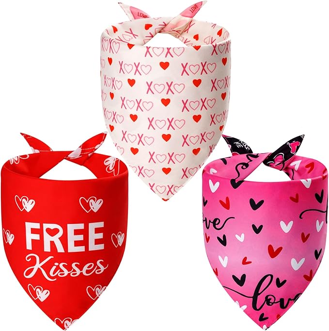 Agroon Dog Valentines Bandana Large 3PCS, 6 Pattern Sweetheart Scarf for Boy and Girl, Red Pink Black Triangle Reversible Love Bibs Breed for Puppy Pets