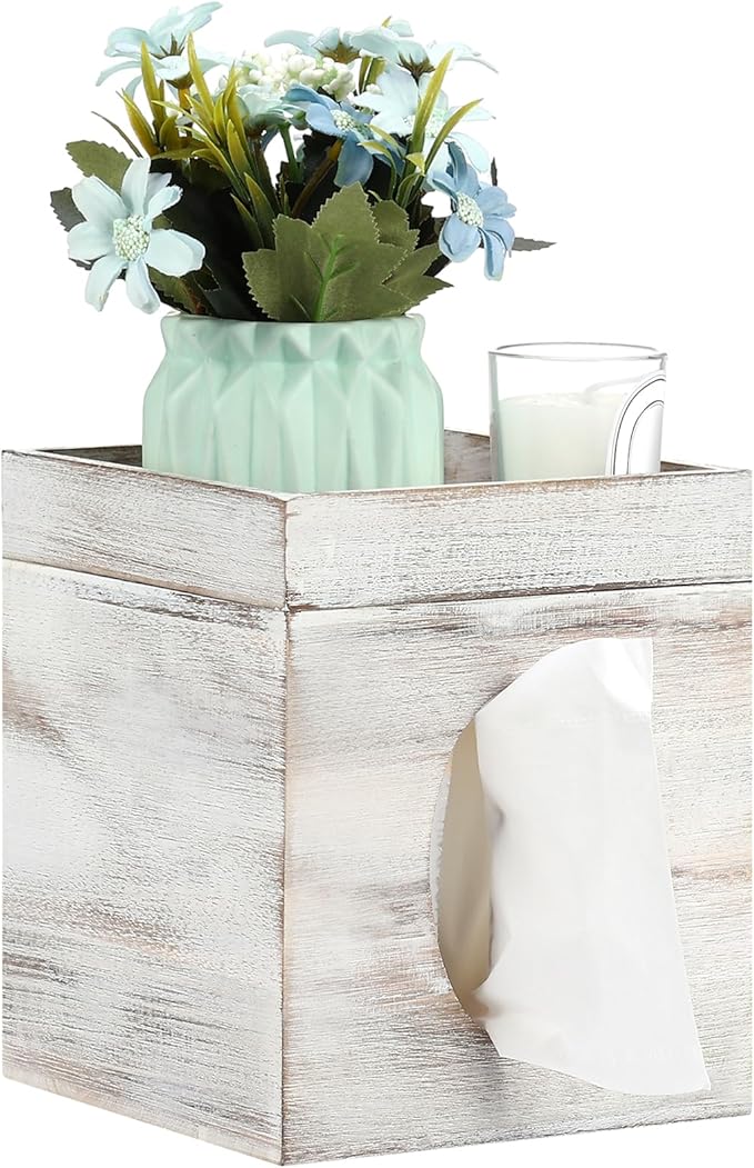 Tissue Box Cover, White Washed Solid Tissue Box Cover with Storage Tray Square Tissue Box Covers Holder for Bathroom, Bedroom, Dinner Table, Office, Tabletop 6" x 6" x 7.4"