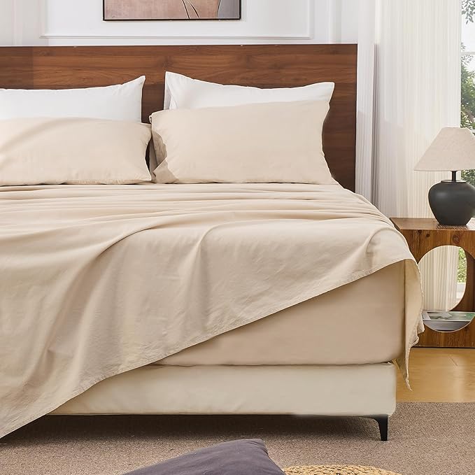 Bedlifes 100% French Linen Sheets California King Size 18-24" Extra Deep Pocket 4-Piece Set Breathable & Moisture-Wicking,Soft & Durable Sheets for Thick Mattresses(Linen)
