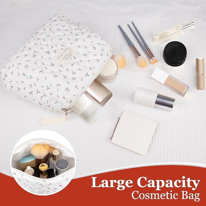 Gosect Floral Makeup Bag, Small Cosmetic Bag for Women Girls, Cute Cotton Makeup Bag, Quilted Makeup Bags, Flower Travel Toiletry Organizer Bag(White Cherry)