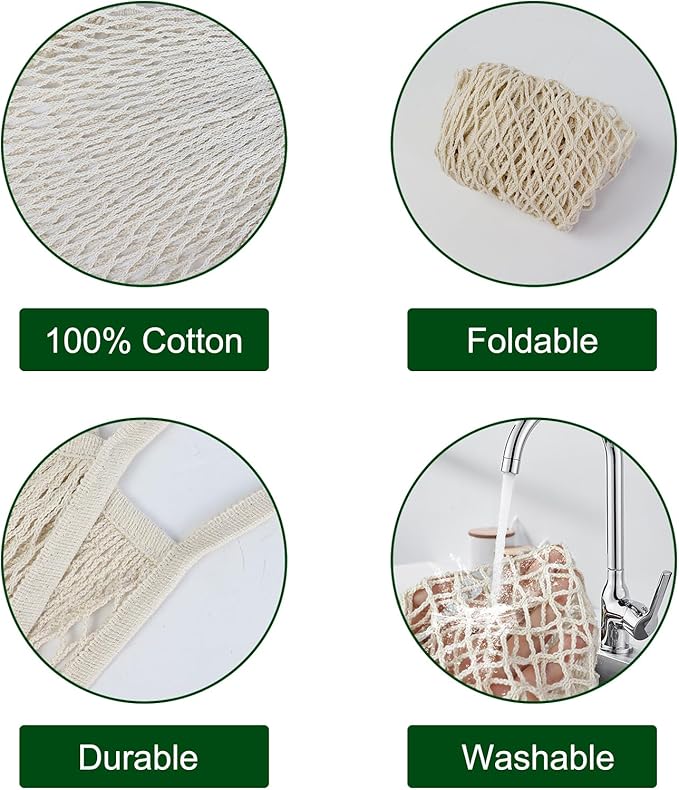 Mordx 2-Pack Reusable Mesh Grocery Bags, 100% Cotton String, Long Handle Produce Bags, Fruit & Veggie Storage