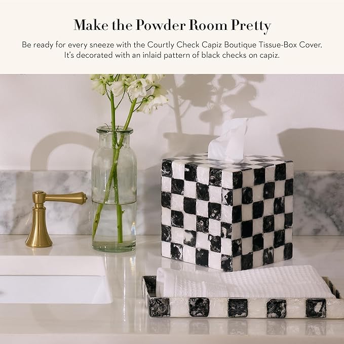 MACKENZIE-CHILDS Boutique Square Capiz Tissue-Box Cover, Decorative Tissue Holder, Black-and-White Courtly Check