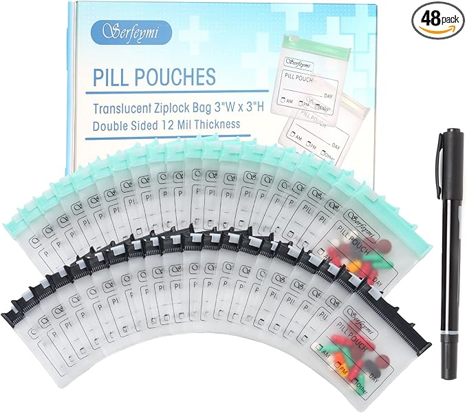 Serfeymi 48 Pcs Pill Pouch Bags for Travel Reusable Plastic Bags 3x3 Inch 12 mil (Double Sided) Translucent Zippered Pill Pouches for Medicine with Slide Lock & Writable Label, 1 Pc Marker-Green+Black