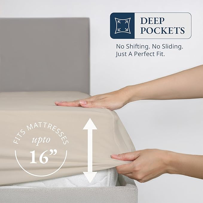 Lane Linen 100% Egyptian Cotton Twin Size Fitted Sheet Only (39"x75" + 15") - Elegant Sateen Weave, Ultra Soft, Breathable, Highly Durable, Deep Pockets Upto 17" - Ivory