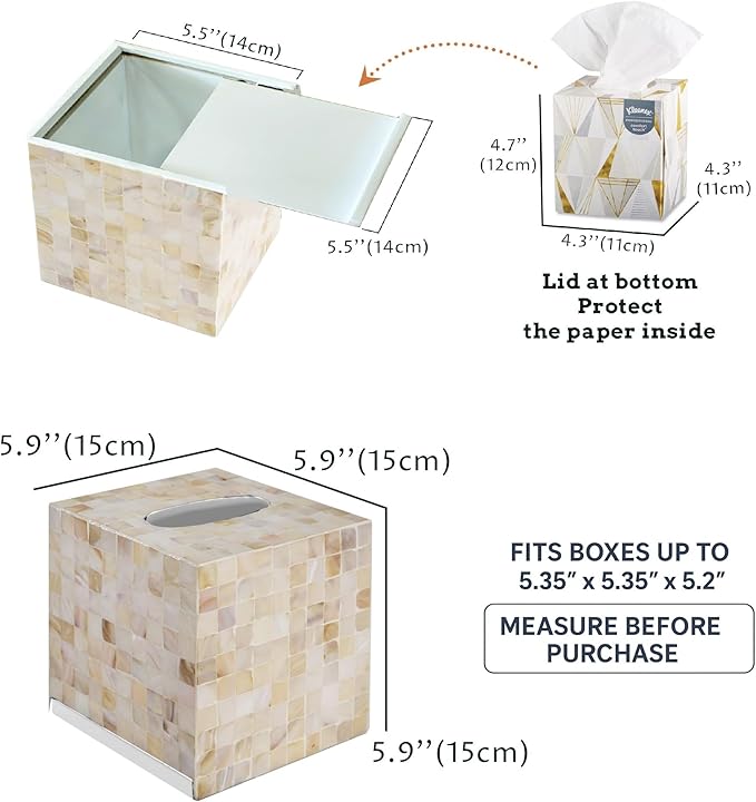 PEMAR 5.9″ Handmade Mother of Pearl Tissue Box Cover – Acacia Wood Cube, 5.35″ Interior Fits 5″ Square Boxes, Sliding Bottom, Pearly White Lacquer Rustic Farmhouse Decor